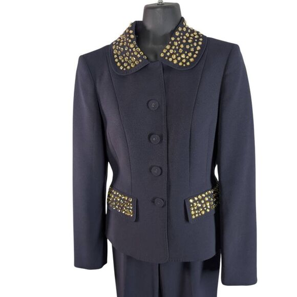 Anne Klein 2 XS Navy Suit Yellow Rhinestone Crystal Embellished VTG 1980s 1990 - Picture 2 of 11